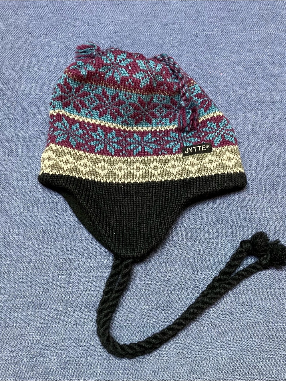 VTG Jytte Y2K Wool Nordic Fair Isle Snowflake Earflap Beanie Hat Tassels Black